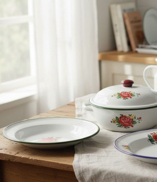 Nostalgic enamelware plates and bowls